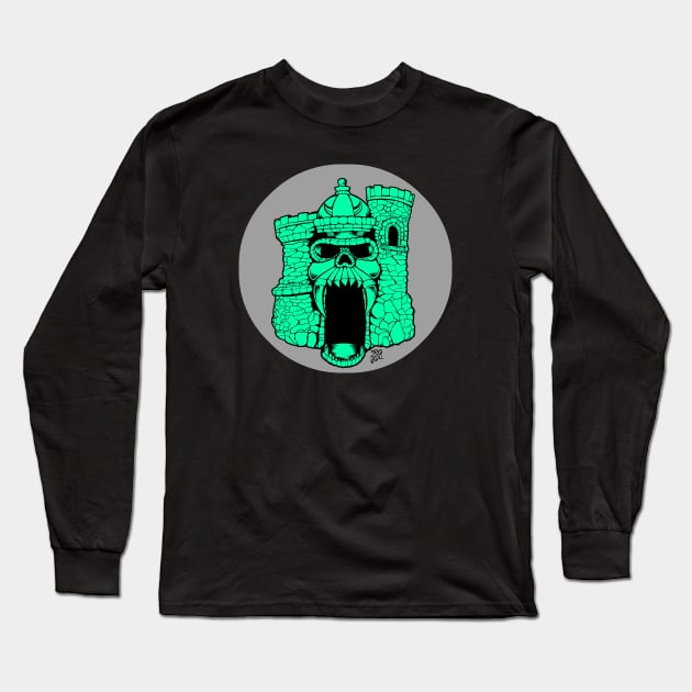 Broskull Logo V.2 Classic Green Castle with Grey Sun Small Name Long Sleeve T-Shirt by CastleBroskull